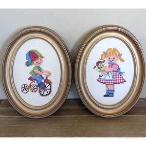 Vtg Cross Stitch SET of 2 Complete Framed Girl w/Doll Boy w/Bike Child Kids Play